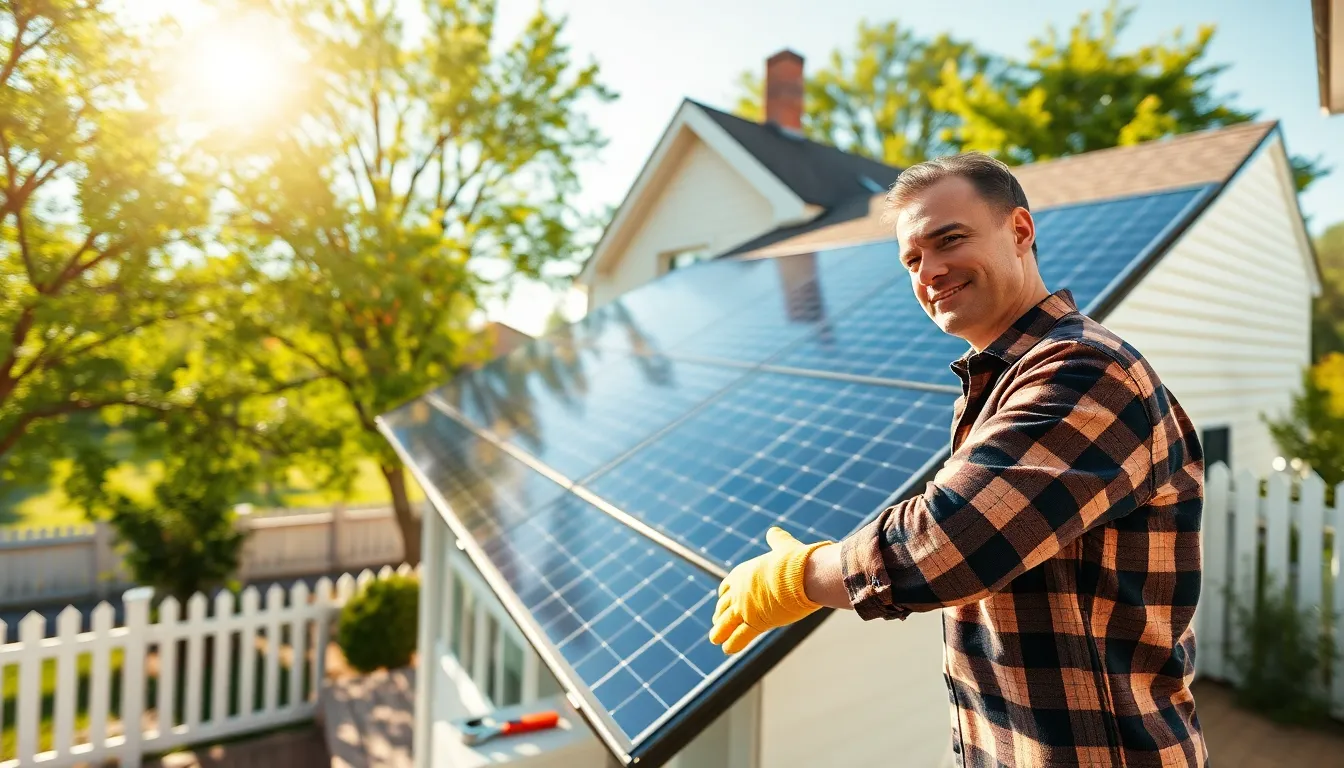 a man installing solar panels on a suburban home roof.