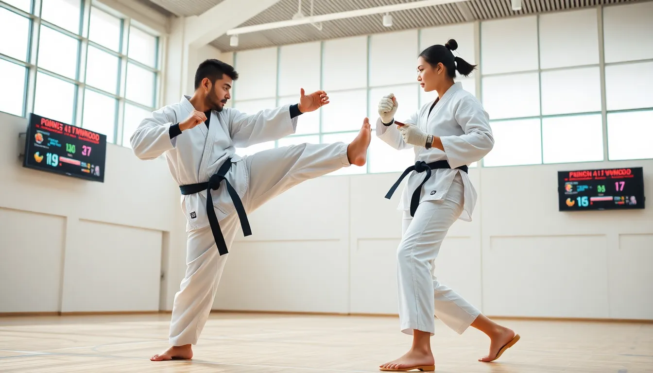 two taekwondo practitioners sparring in a modern gym.
