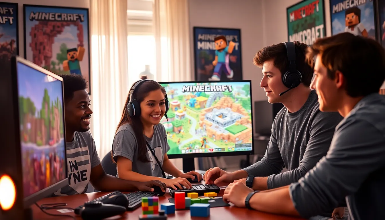 a group of young gamers collaborating on Minecraft at a computer.