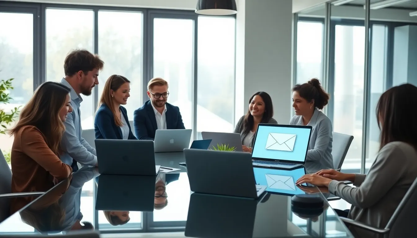 diverse team discussing email strategies in a modern office.
