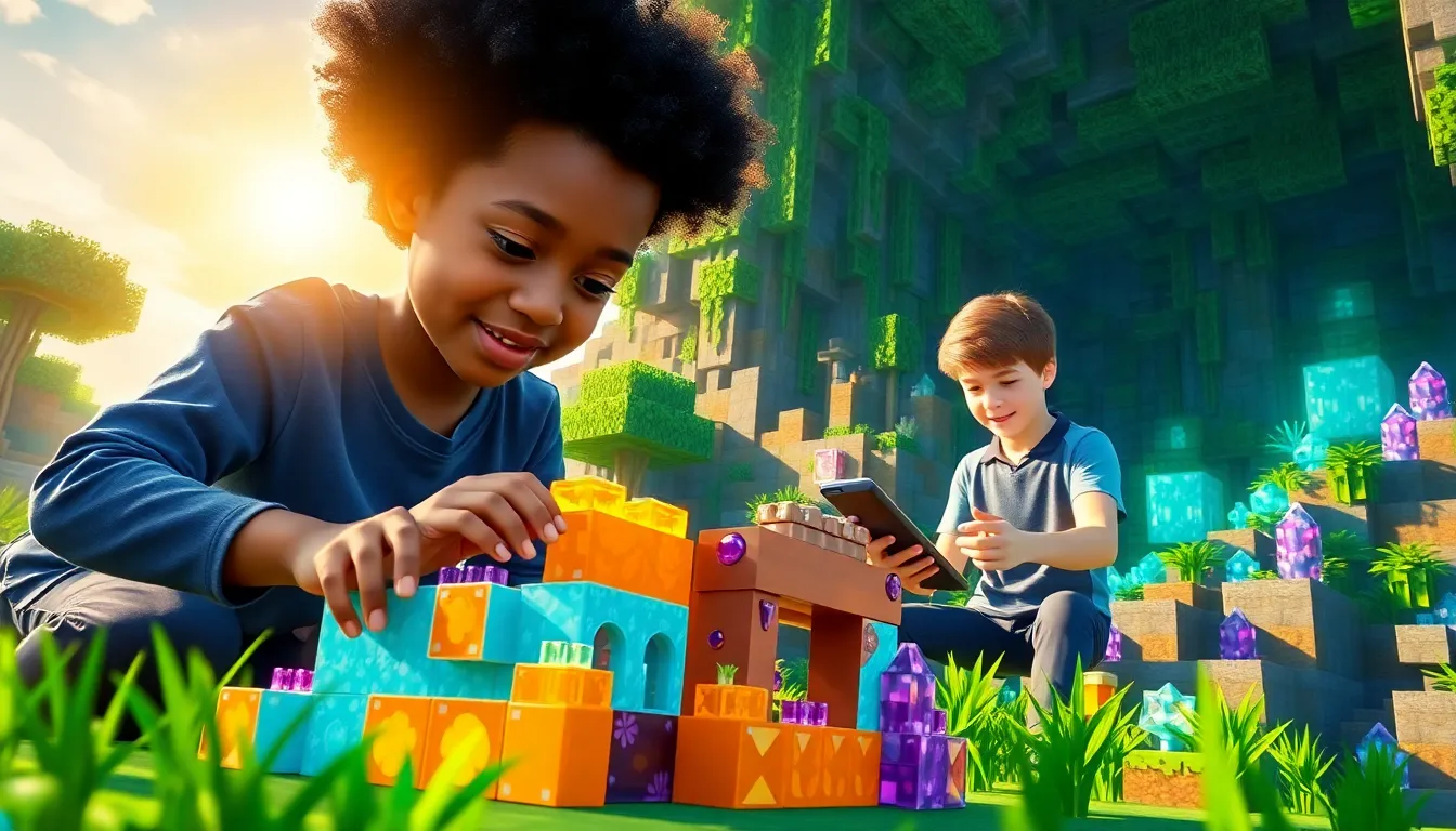 Two players building in a colorful Minecraft landscape with new features.