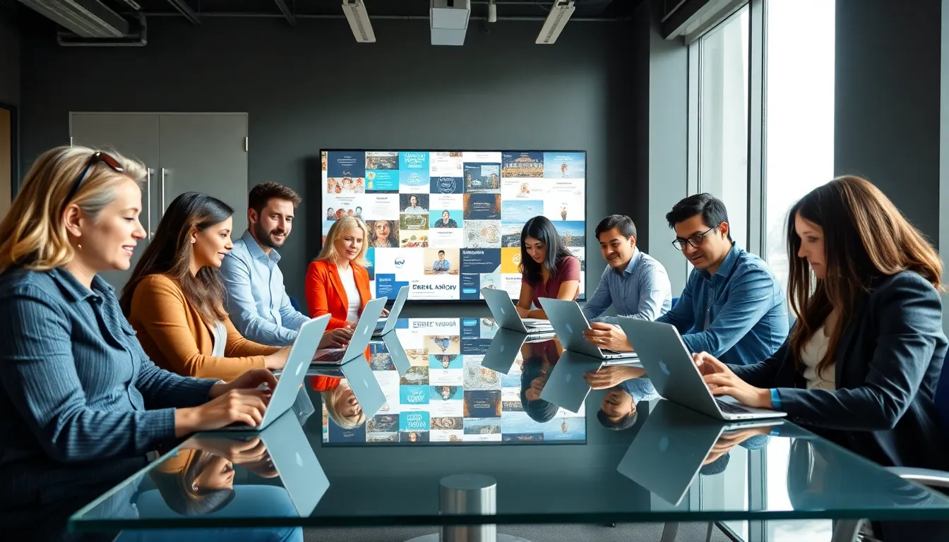 diverse team collaborating on curated digital content in a modern office.