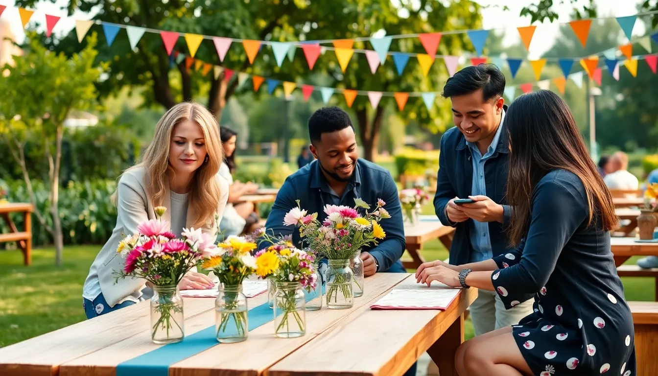 a community gathering showcasing budget-friendly event setups in a park.