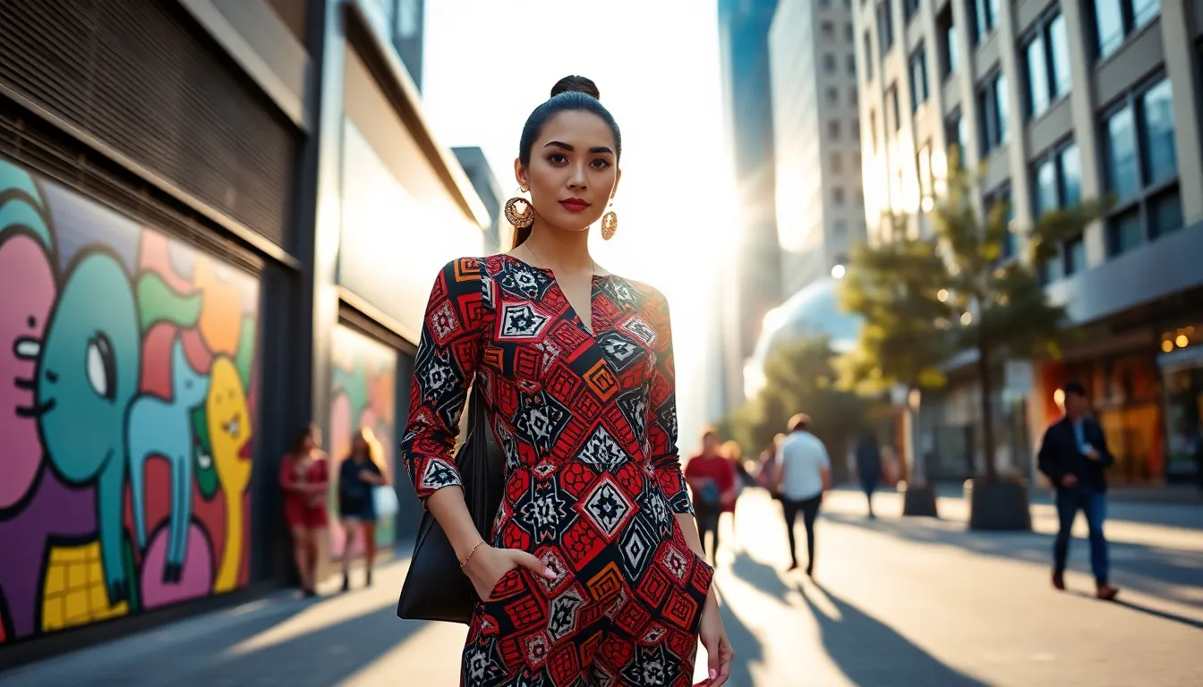 A young woman in a colorful Hibbegs jumpsuit standing on a city street.