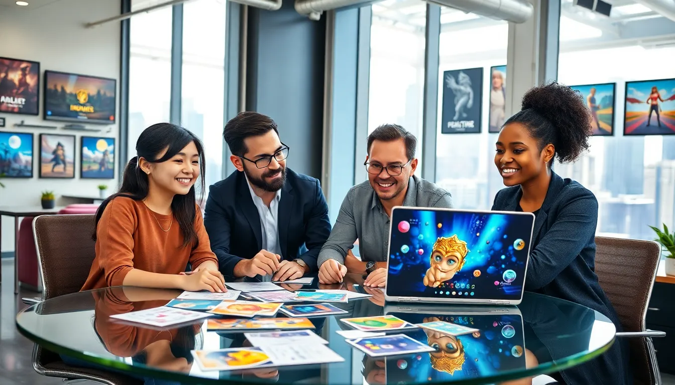 employees brainstorming in a modern game development office.