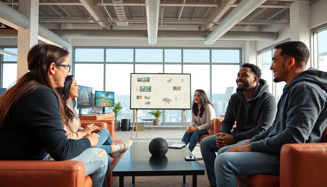 a diverse team brainstorming in a modern gaming office.