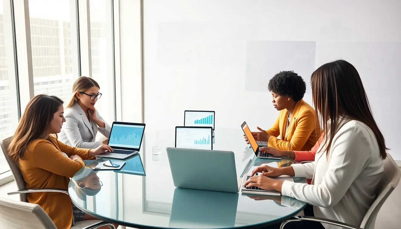 diverse professionals collaborating on cryptocurrency trading in a modern office.