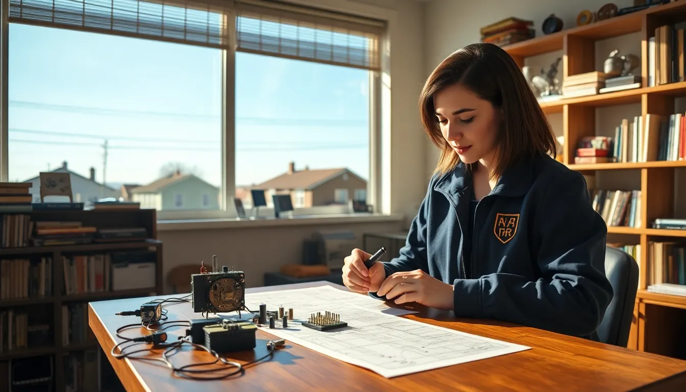 Peggy L. Carlton working on an electrical engineering project in a sunlit study.