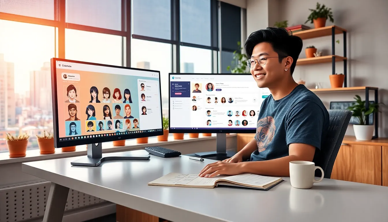 A young adult creating characters on Ck2generator at a modern desk.