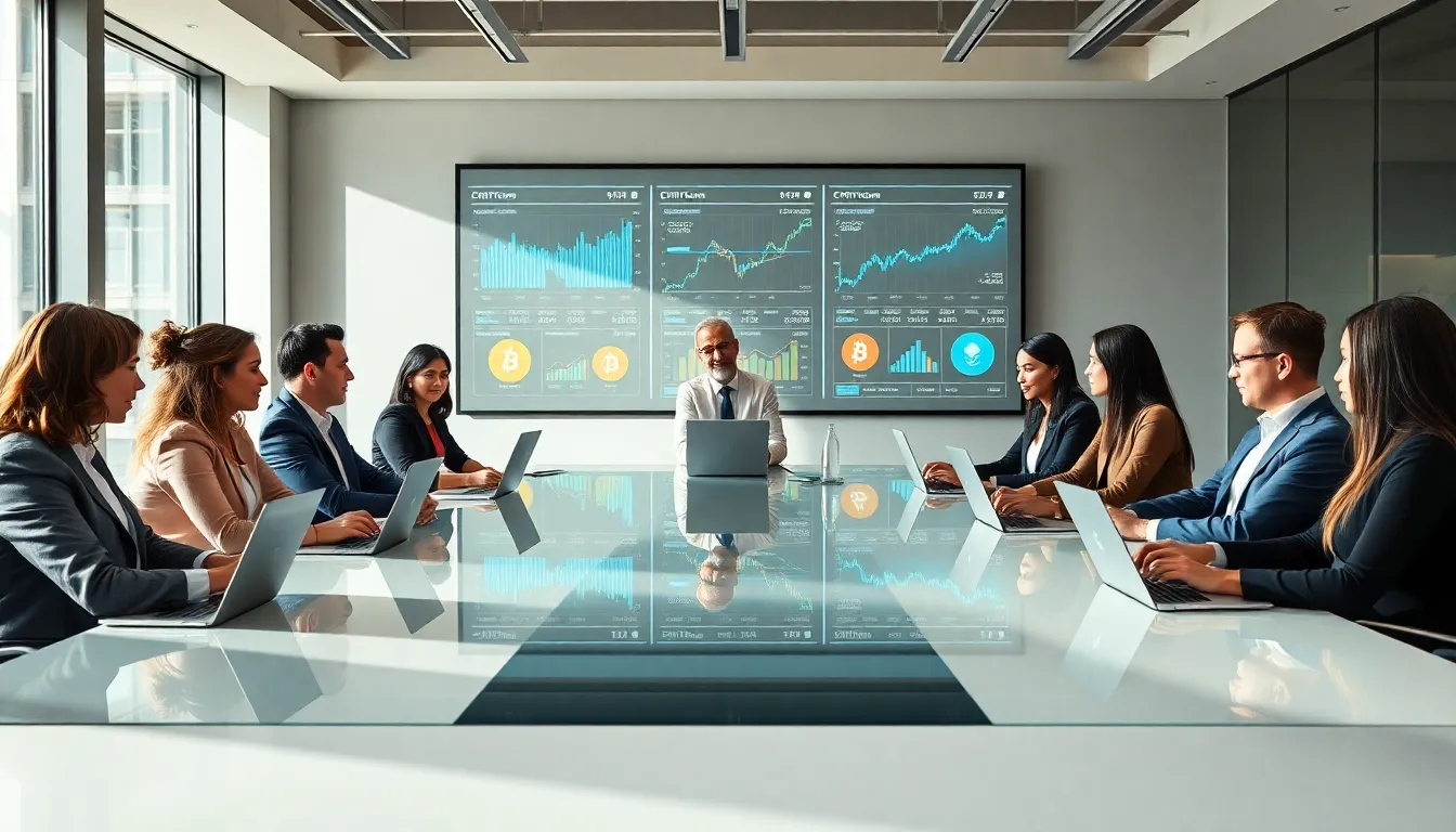 diverse team discussing cryptocoins in a modern office.