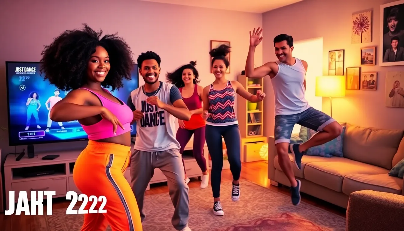 Friends dancing together in a lively living room playing Just Dance 2022.