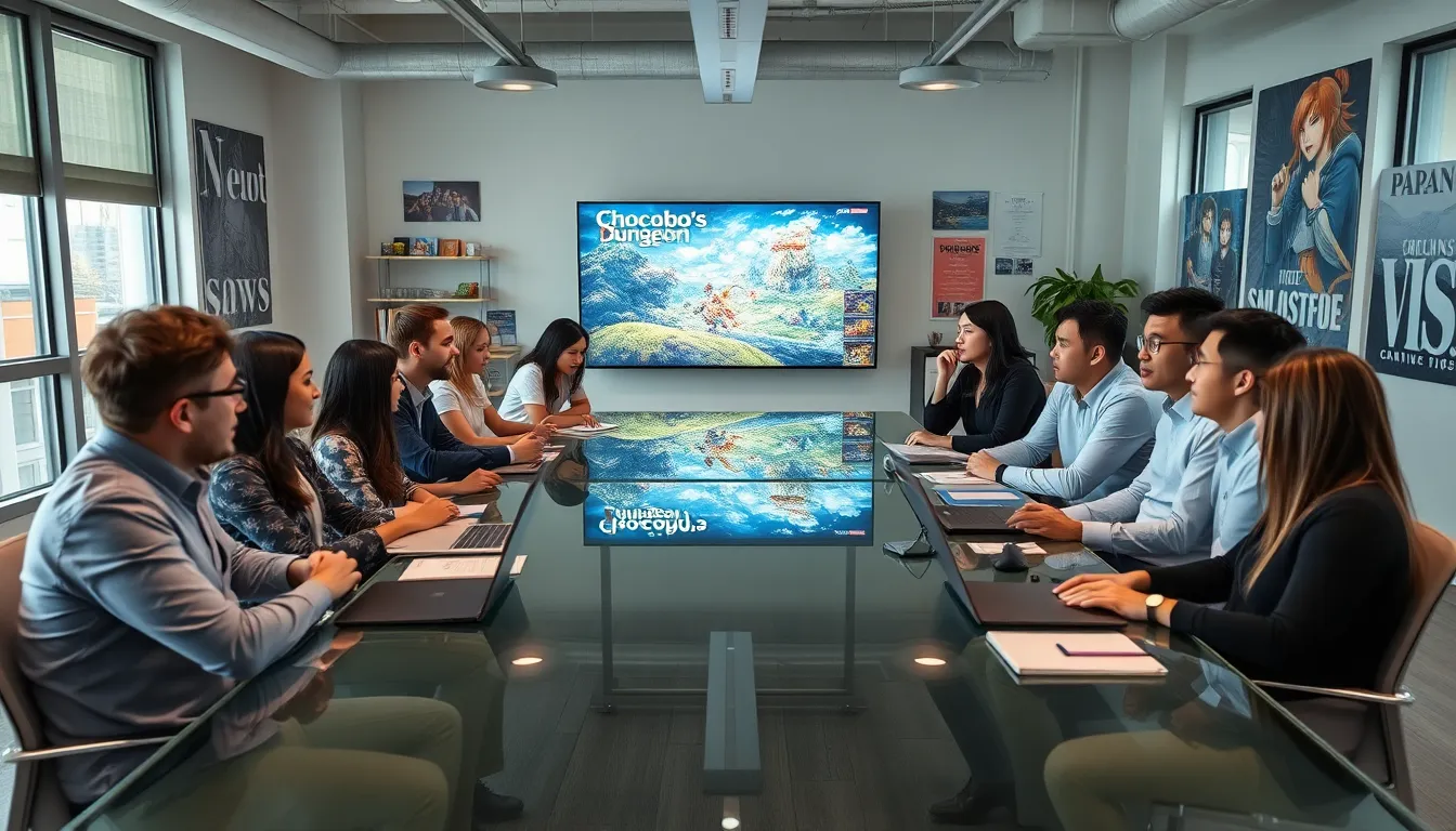 team discussing game development in a modern studio.