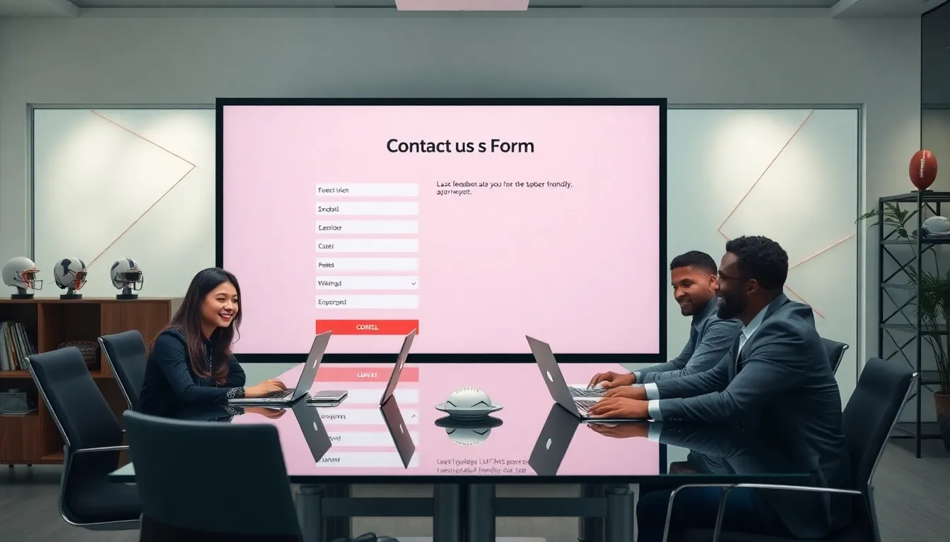 A modern office with a contact form display and diverse professionals collaborating.