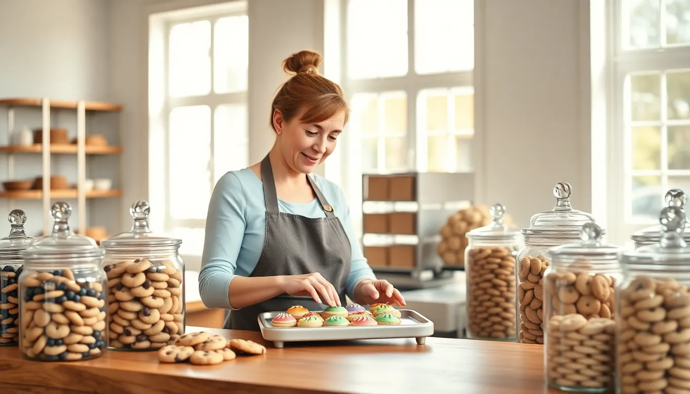 Mary decorating cookies in a bright bakery.