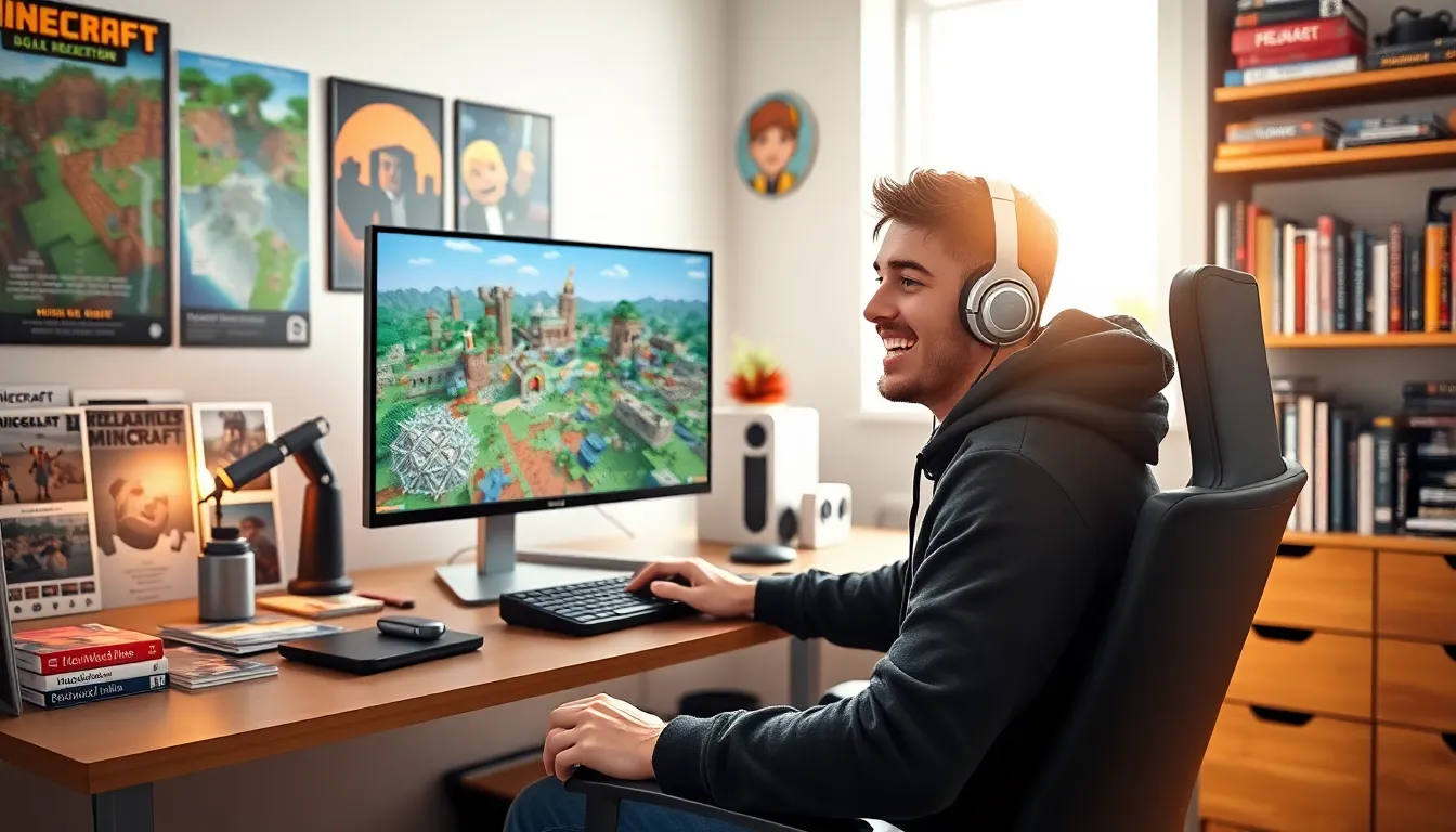 a young man gaming at a desk with Minecraft on the screen.